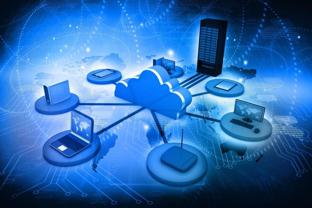 A cloud computing graphic shows devices (laptops, smartphones, tablets) connected to a central cloud, indicating data sharing across multiple platforms. A server is also depicted in the background.