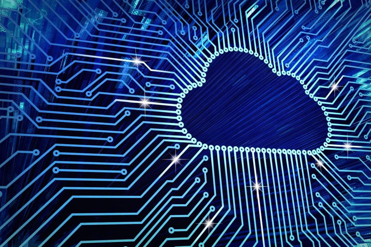 A cloud-shaped figure made of blue circuit lines represents cloud computing, with additional blue circuitry patterns and bright glowing points in the background.