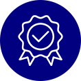 A blue circle with a white ribbon and a seal