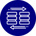A blue circle with an arrow and two stacks of papers.